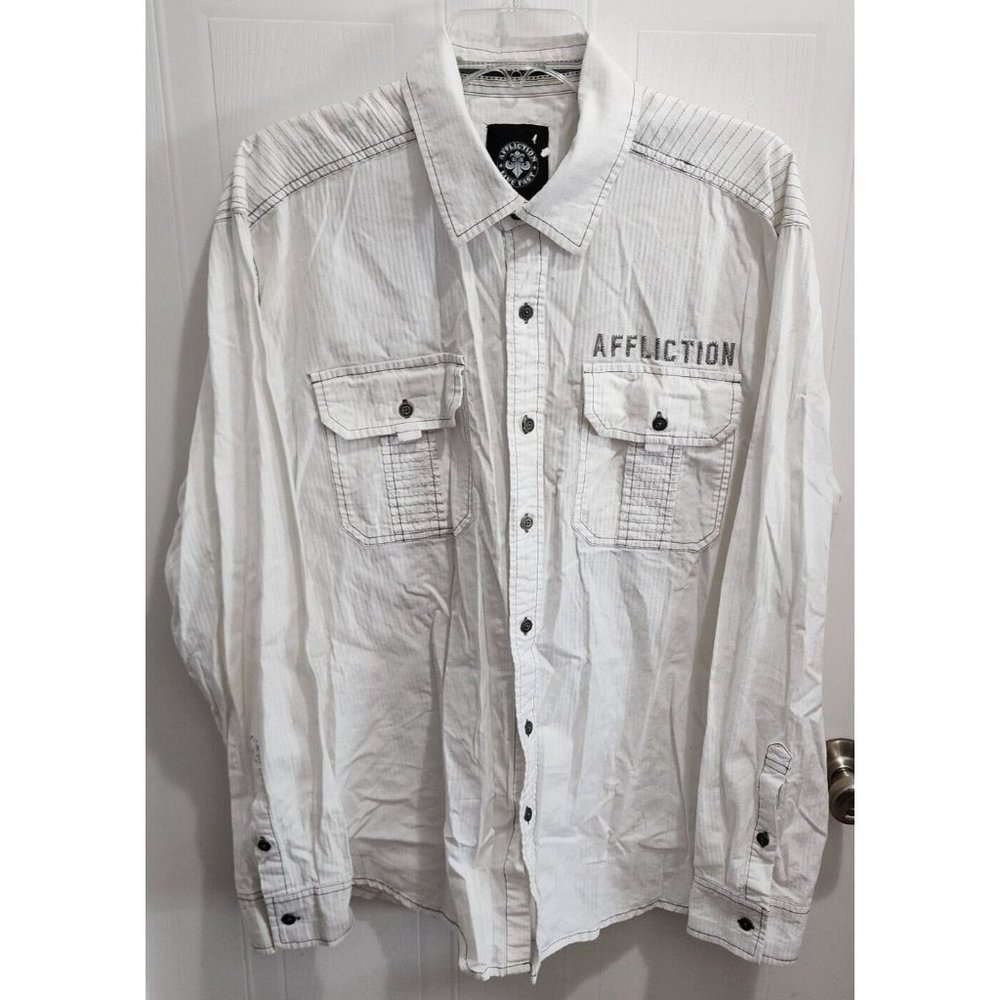 Affliction White Embroidered Live Fast Freedom Defender Button Up Shirt Size XL
